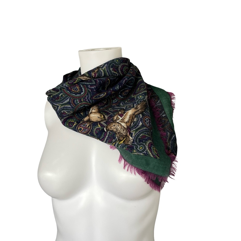 Square Duck Scarf Woven Raw Hem Green Purple Nature Animals Birds